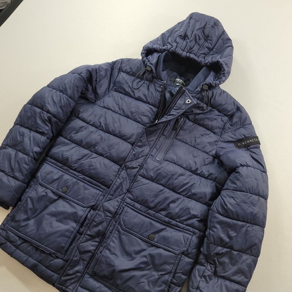 Kenneth Cole Hooded Puffer Jacket Men Small Navy Bellow Pocket New York - Picture 4 of 9